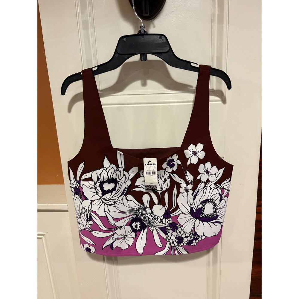 New Express Floral Print‎ Square Neck Crop Top Burgundy Pink White Women Size S